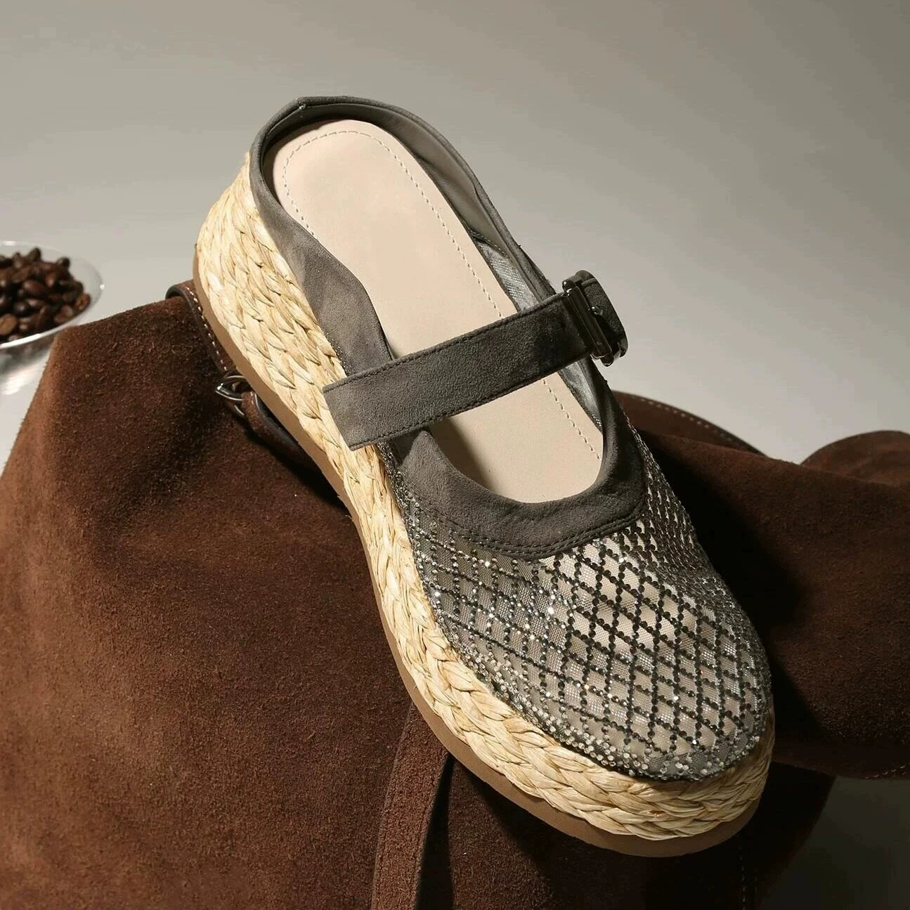 Summer Elegant Women PU Leather Buckle Height Increase Sandals Straw Hollow Out Breathable Shoes Ladies Comfortable Sandals