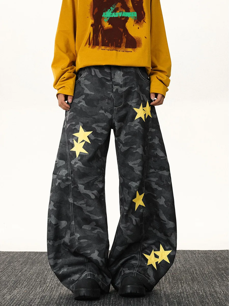 

Men's Camouflage Work Pants Autumn Trendy Retro Knife Wide Leg American Casual Jeans Men's Straight Cut Non-Stretch Denim