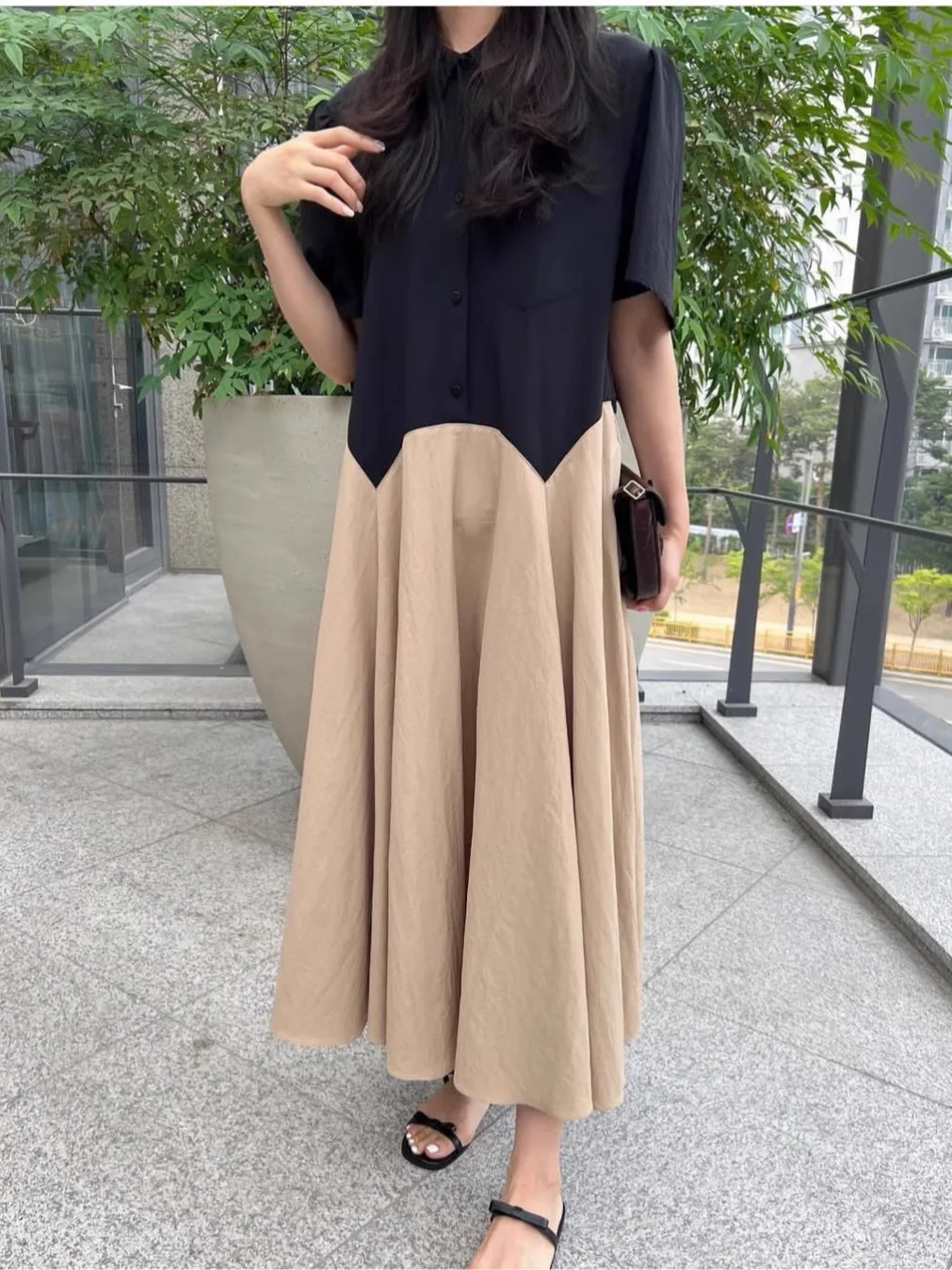 Colletto chic Bubble Sve Dr Vita alta da donna A-Line Midi Dr Color Blo Casual irt Sle ort Sve Long Dr