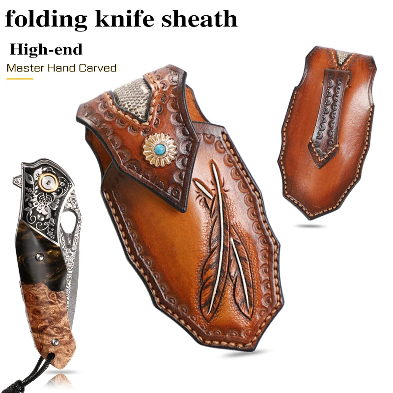 

1PC Handmade Vegetable Tanned Leather Engraved Pocket Knife Holster with Buckle Case Easy to Carry Leather Folding Knife Sheath