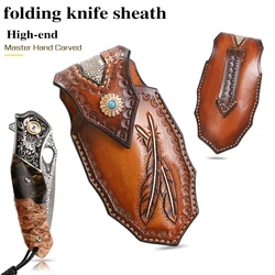 1PC Handmade Vegetable Tanned Leather Engraved Pocket Knife Holster with Buckle Case Easy to Carry Leather Folding Knife Sheath