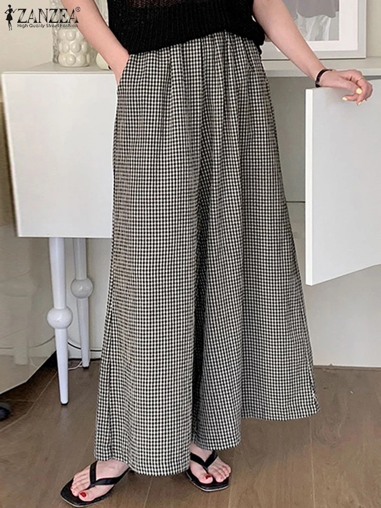 

2024 ZANZEA Autumn Fashion Wide Leg Pants Vintage Holiday Long Palazzo Women Plaid Checked Casual Loose Trousers Baggy Pantalon