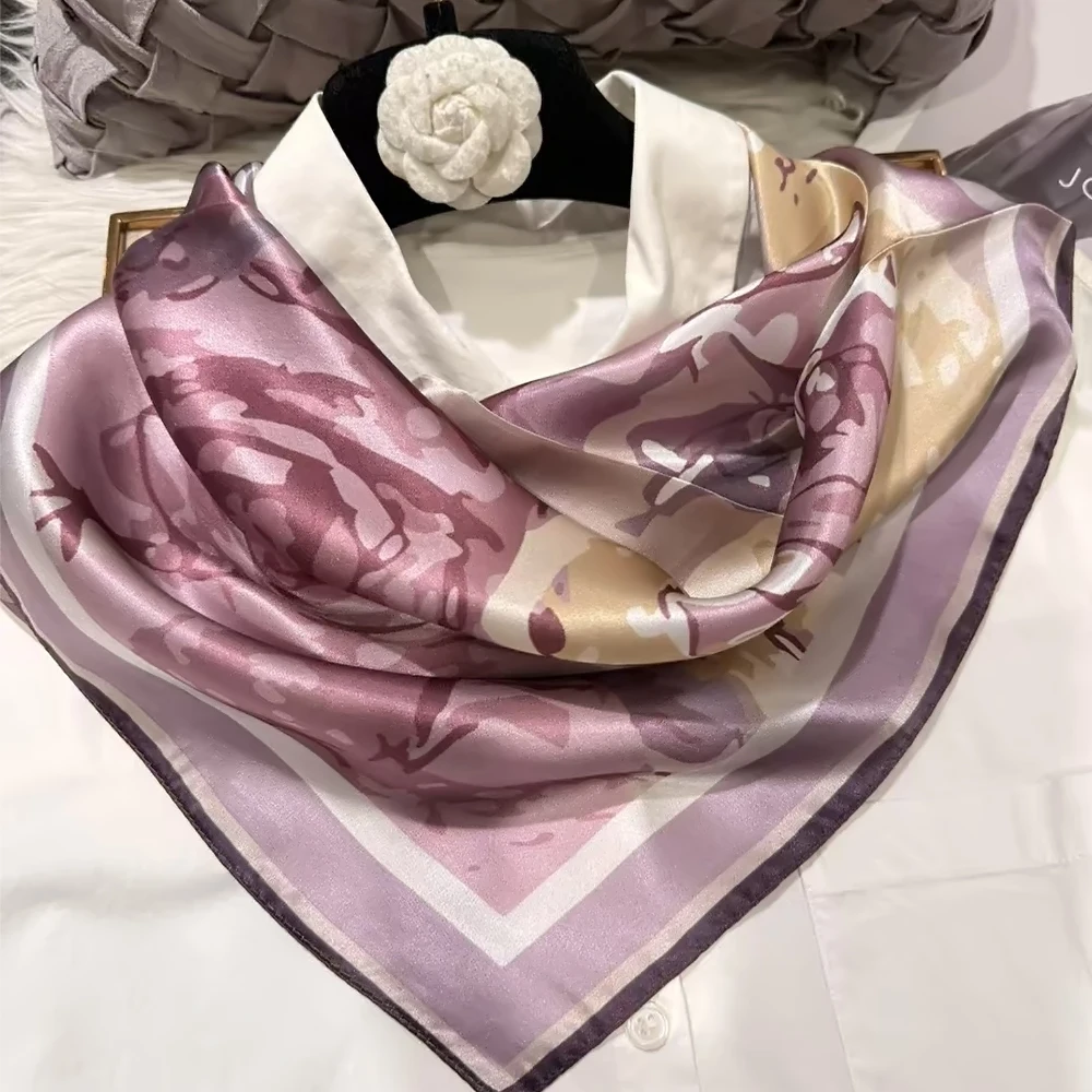

Светло-фиолетовый женский шарф из 100% тутового шелка, шейный платок, весна-осень, новый роскошный атласный квадратный шелковый шарф с цветочным дизайном, 65*65 см