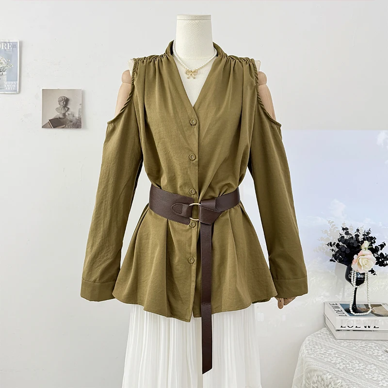 

Autumn French Style Chic Off-The-Shoulder Shirt Top Long Sleeve Women Button Retro Vintage Belt Waist Solid Blouse