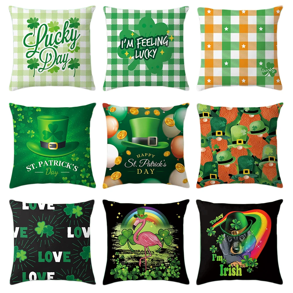 St. Patrick's Day Throw Pillow Cover Decorative Pillowcase for Sofa Green Double-Sided Print Square Holiday Cushion Covers 45X45