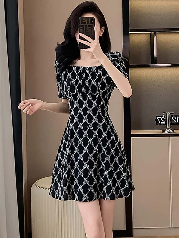 Black Print Plaid Chic Sqaure Collar New in Dress Women Summer Short Sleeve Casual Mini Dress 2024 Korean Elegant Bodycon Dress