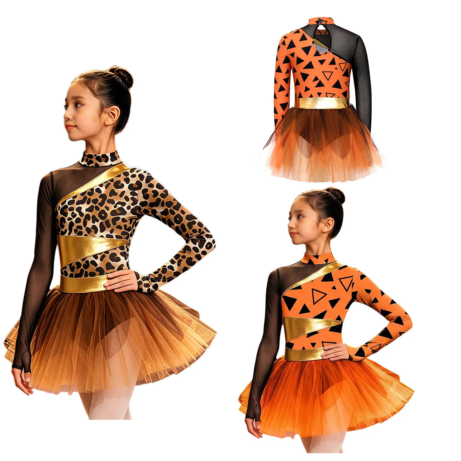 Children Girls Caveman Ballet Tutu Long Sleeve Sheer Mesh Leotard Dress Halloween Carnival Party Cavegirl Primitive Man Costume