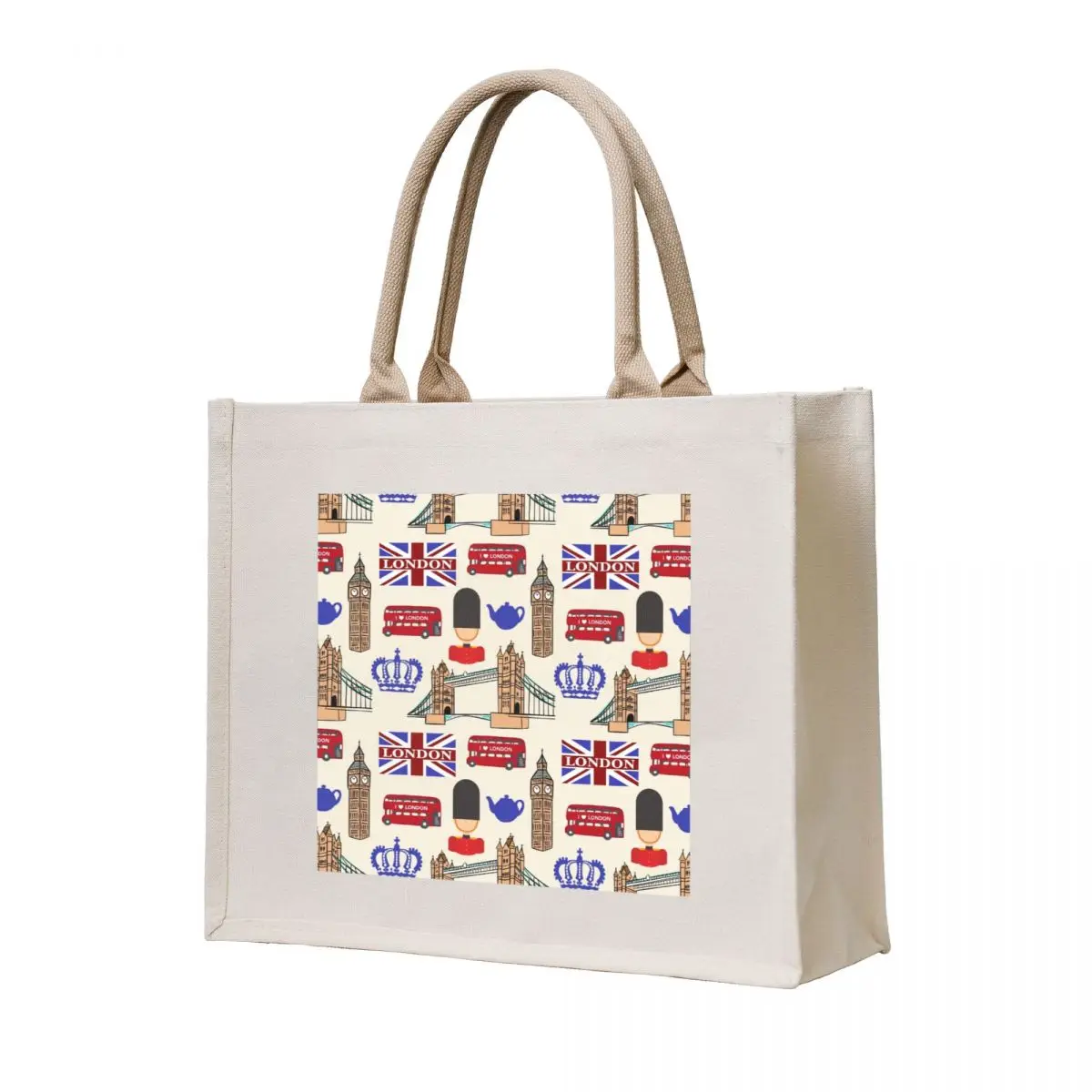

London Highlights - Cream Big Ben, Tower Bridge, Red Bus, Crown, Guard, Flag and Teapot Pattern Tote Bag