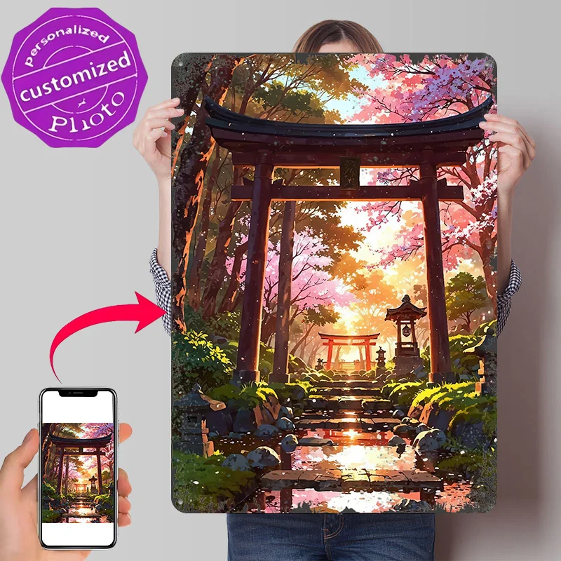 Serene Japanese Torii Gate in Bloom Personalized 3D Textured Metal Poster Wall Art Tinplate Sign for Home Decor Room Coffee Bar