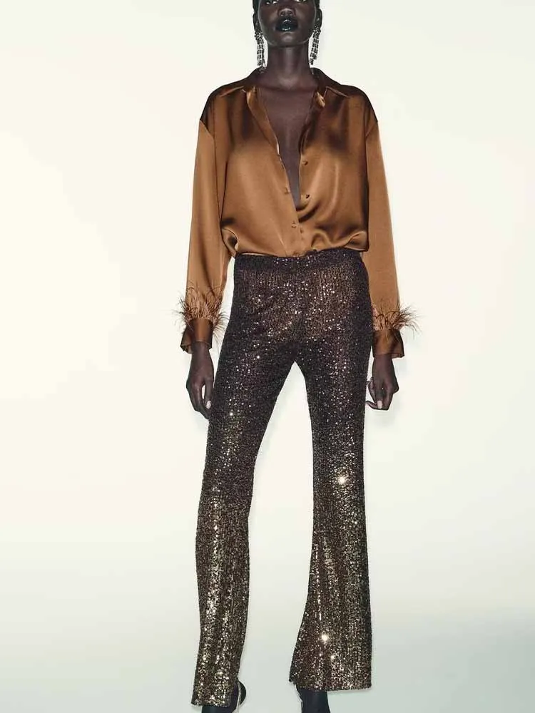 

European and American style winter new fashionable and simple women's loose and versatile feather-embellished textured shirt