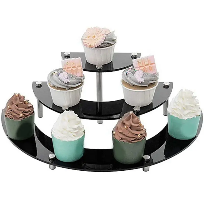 A96K-2X Acrylic Risers Display Stand, 3 Tier Black Cupcake Stand Display Holder Half Moon Dessert Stand Organizer Shelf