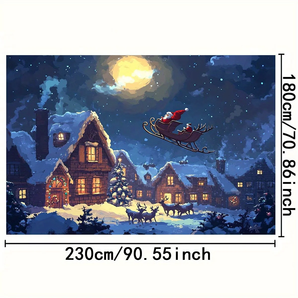 سانتا كلوز زلاجات قرية عيد الميلاد خلفية مع القمر والثلج والرنة - بوليستر، لا يتطلب طاقة
