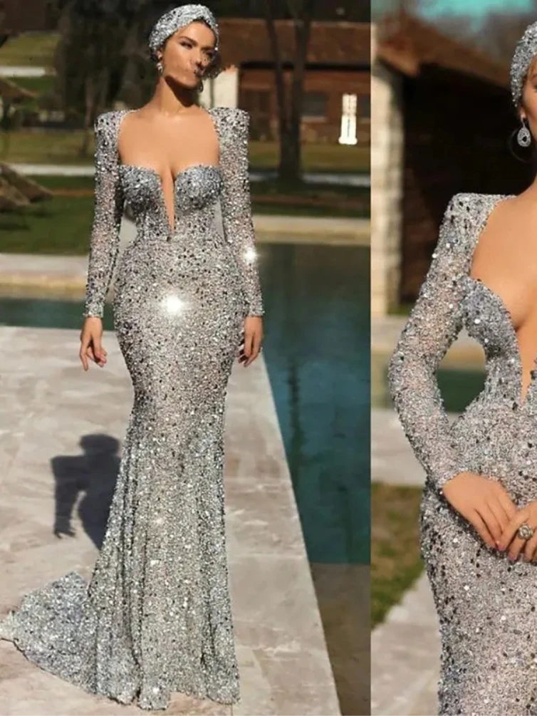 2024 Glisten Sequined Evening Dresses Trumpet Deep Sweetheart Prom Dresses Long Sleeve Woman's Formal Bride Beach Party Vestidos image 2