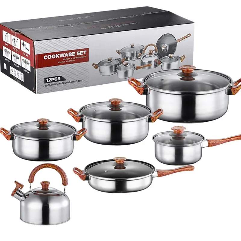 Cross border e-commerce wood grain pot set, 12 piece stainless steel six piece set, water pot, soup pot, milk pot, frying pan se