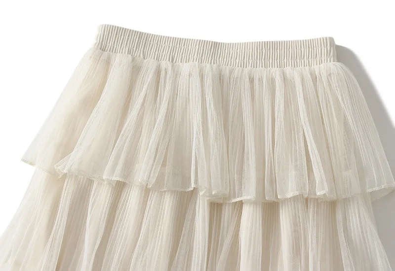 New Summer Korean Mesh Half Body MIDI Skirt Spring and Autumn Super Fairy Layered Cake Skirt Women's Knee Long Beach Skirt