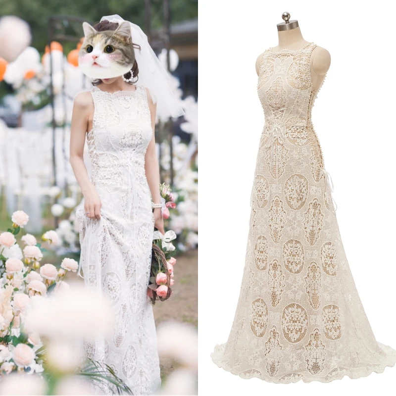 Fabbrica di Champagne bohémien Boho Vintage abito da sposa in pizzo foto reale