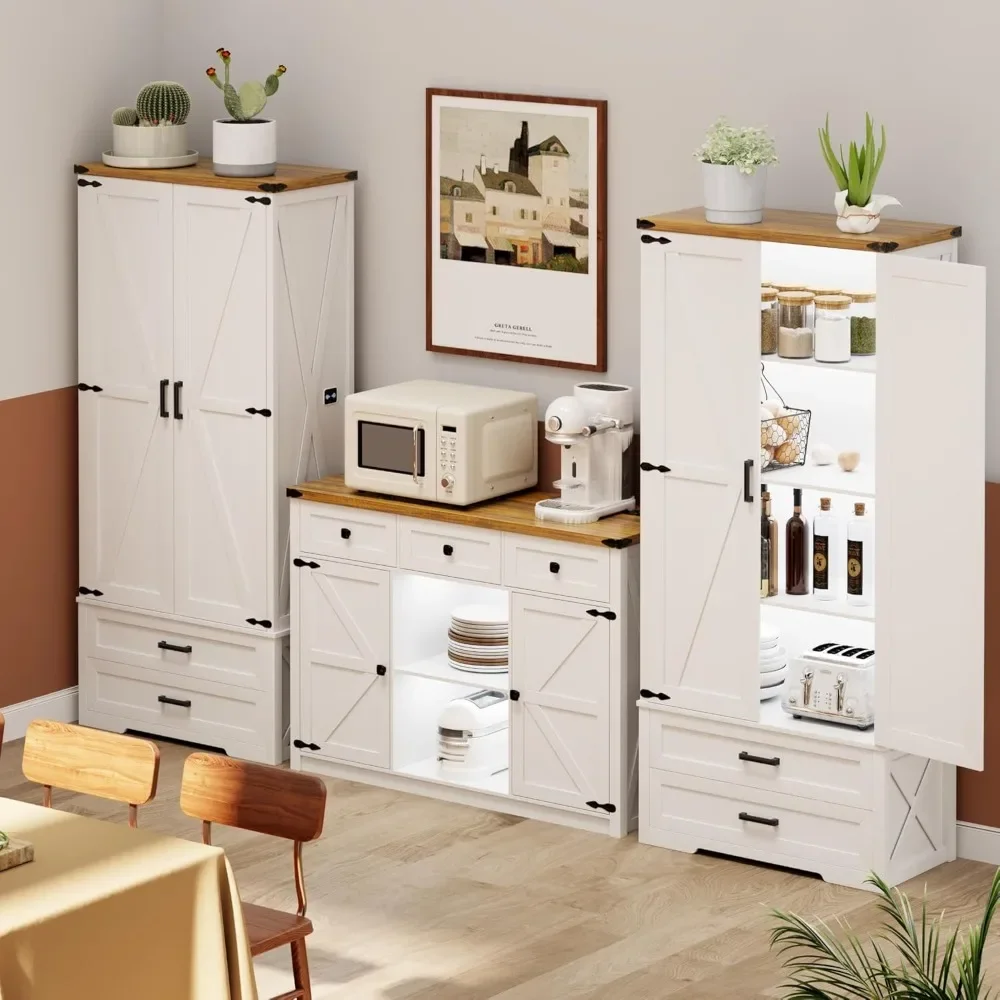 Bathroom Cabinets with Adjustable Shelves, with 2 Drawers & Doors, Wood Storage with LED Light for Dining Room, Bathroom