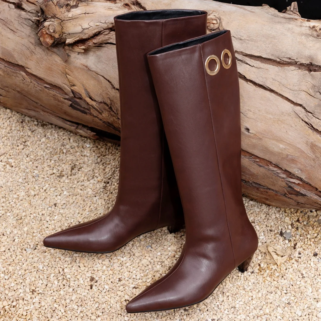 

Women's genuine leather pointed toe slip-on autumn knee high boots 4cm kitten heel elegant ladies slim dress long boots shoes