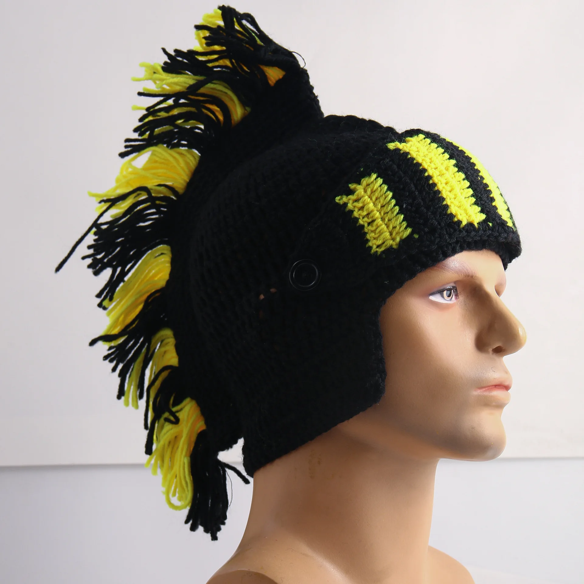 Red Tassel Cosplay Roman Knight Knit Helmet Men's Caps Original Barbarian Handmade Winter Warm Beard Hats Funny Beanies view 3