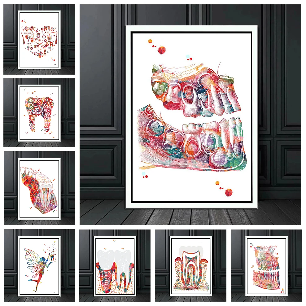 Nordic Watercolor Tooth Posters Dental Care Teeth Anatomy Canvas Painting HD Print Wall Pictures Bedroom Clinic Home Decoration