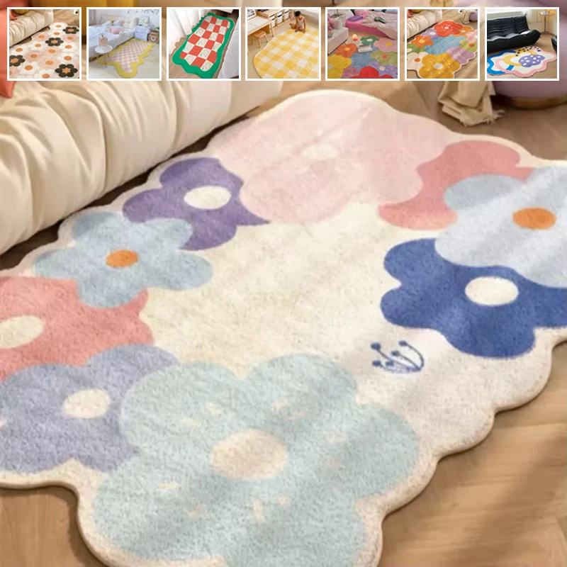 

1PC INS Style Carpet Bedroom Bedside Carpet Colored Flower Happy Feeling Room Carpet Master Bedroom Long Strip Ins Thickened 러그