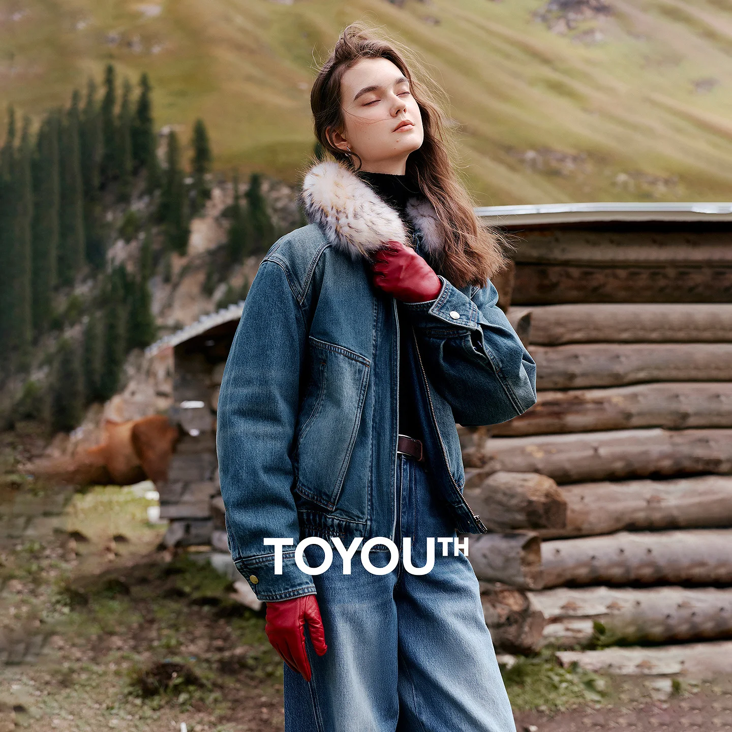TOYOUTH Women Down Jacket 2026 Winter New Reversible Denim Nomadic Workwear Pocket Raccoon Fur Collar Warm Outerwear