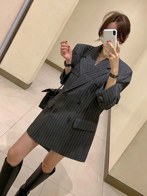 Elegant Stripe Loose Fashionable Suit Jacket with Belt Hong Kong Style Retro Chic Top Women's Business Casual Outerwear