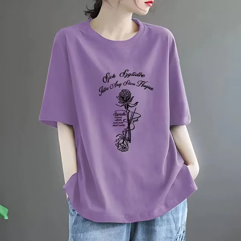 

Loose Women's T-shirt Short Sleeve Slimming Youthful Meat Concealing Spring Summer New Style Korean Version Base Shirt