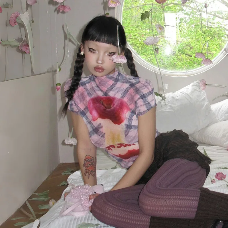 Karrram Japanese Y2k Apple Print T-shirt Trashy 2000s Pleated Short Sleeve T Shirts Vintage Harajuku Crop Top American Retro 90s