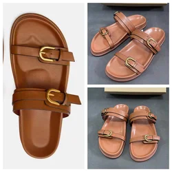 TRAF 2024 Women's Fashion Buckle Straps Sandals New Brown Casual Round Toes Slipper Female Metal Buckle Flats Slingback Shoes