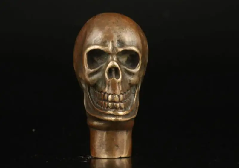 Antique Old Bronze Hand Carved Skull Statue Cane Walking Stick Head