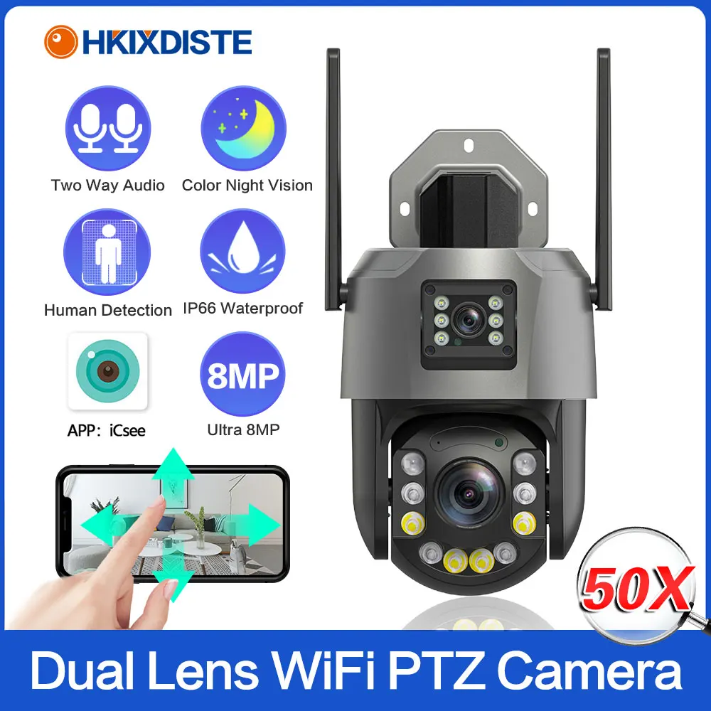 

4K Dual Lens Wifi PTZ Security Camera 50X Zoom Outdoor Human Detection ICSEE Wireless CCTV Video Surveillance Camera 2 Way Audio