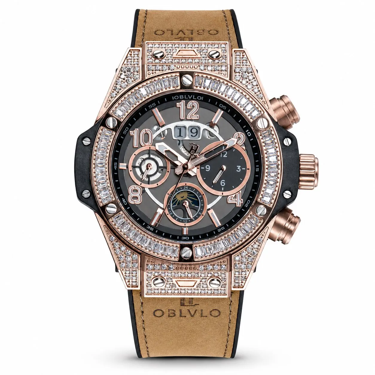 OBLVLO Herren-Automatikuhr, 48 mm, mechanische Armbanduhr, wasserdicht, Saphirspiegel, leuchtend, mit mehreren Zifferblättern, Monat, Woche, Datum, JHS19