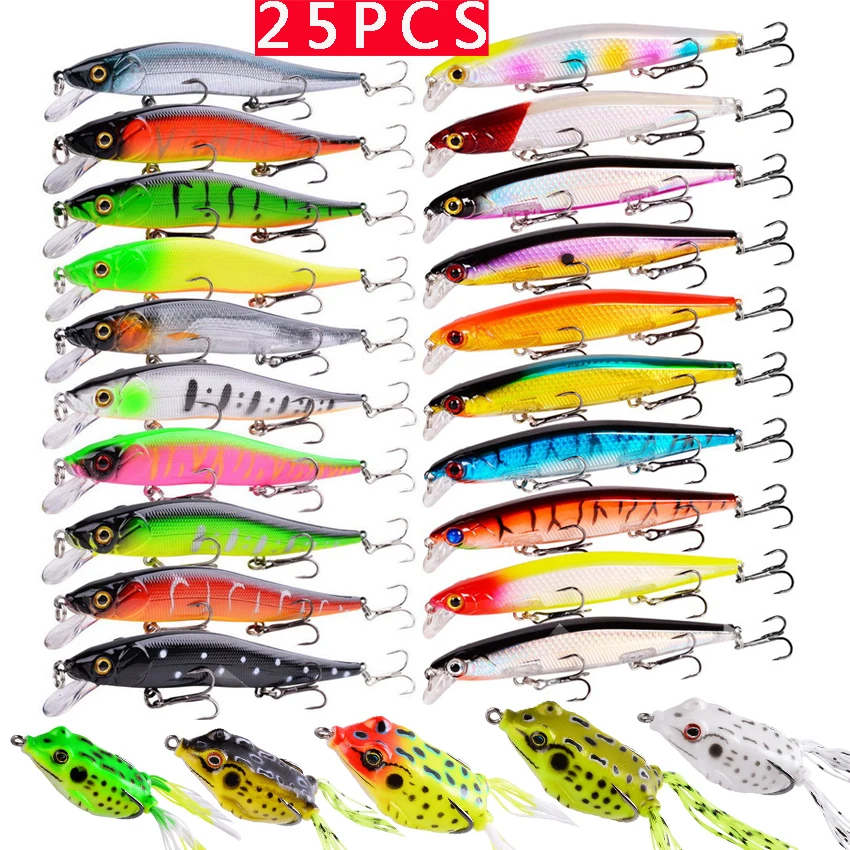 25PC Bionic Bait Kit Frog Shaped Lures Minnow Popper Crank Bait Mixed Soft Hard Bait Set For Freshwater Saltwater Fishing Tackle