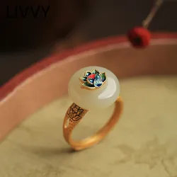 LIVVY Gold Color Natural Stone Chinese Enamel Lotus Peace Clasp Opening Ring For Women Girls Temperament Fashion Jewelry