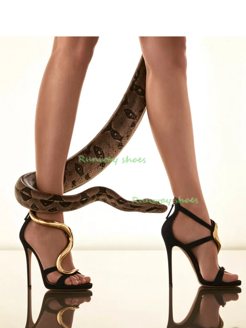 Gold Snake-Like Shape Metal Decorate High-Heeled Sandals Round Head Open-Toe Ankle Buckle Design Sexy Banquet Women's Shoes