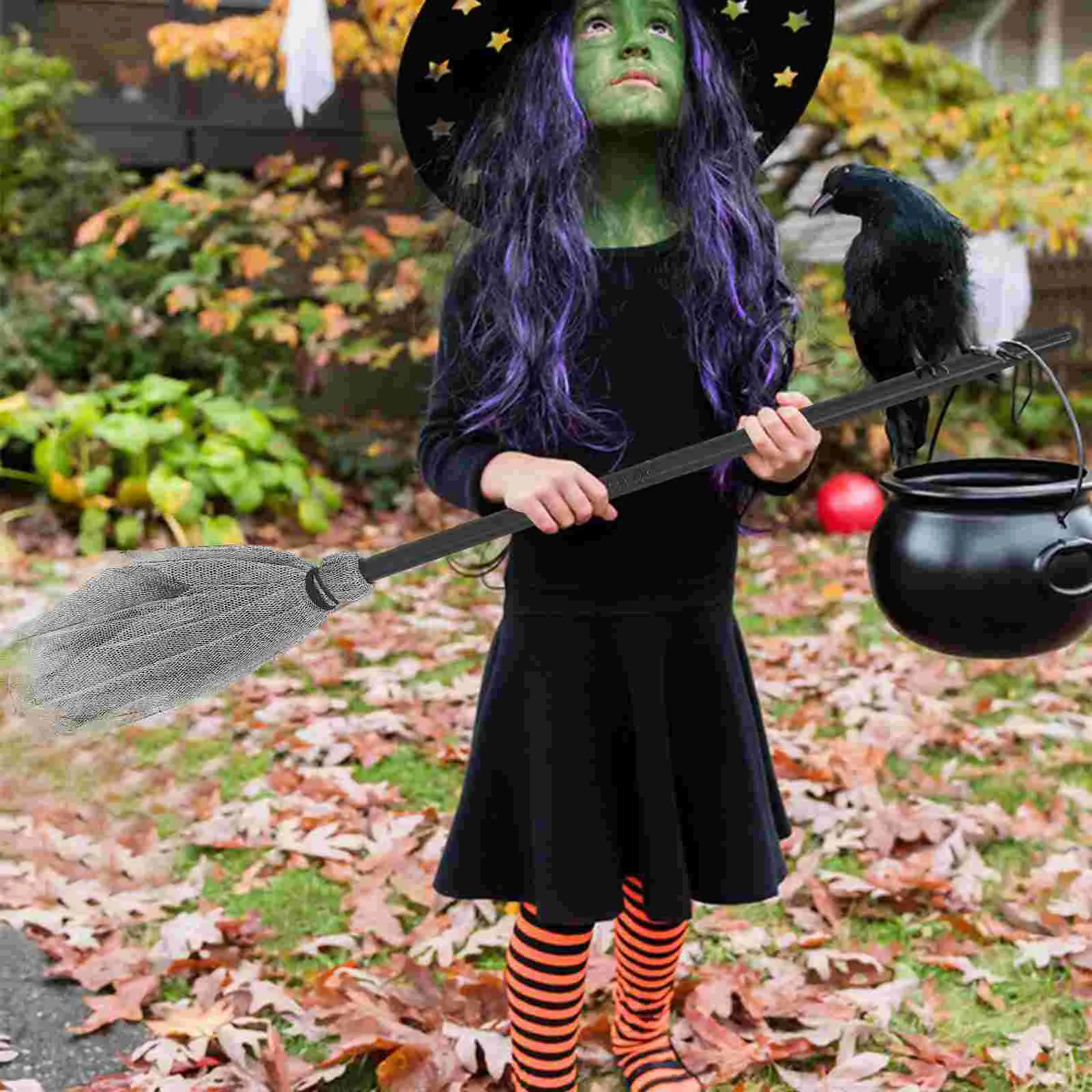 Halloween Broom Realistic Broomstick Wizard Clothing Aldult Party Witch Accessory Creative Costume Ornament Mesh