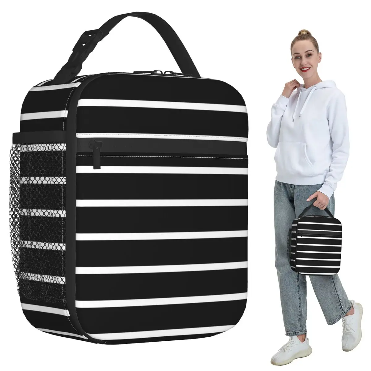 Black White Stripes Insulated Lunch Bag for Kids School Cooler Thermal Food Box Tote Leakproof Lunch Boxes Container