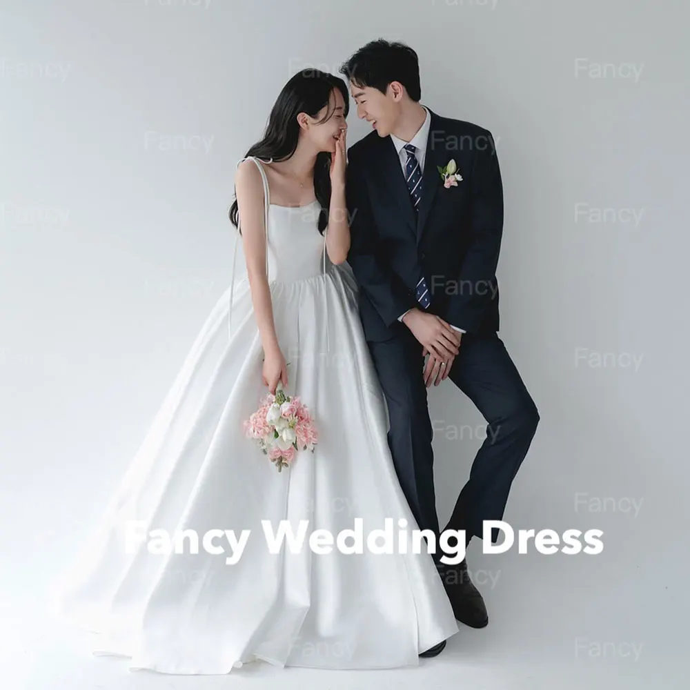 

Fancy High Quality Soft Satin Korea Wedding Dress Photo Shoot A Line Sleeveless Bridal Gown Floor Length Customized