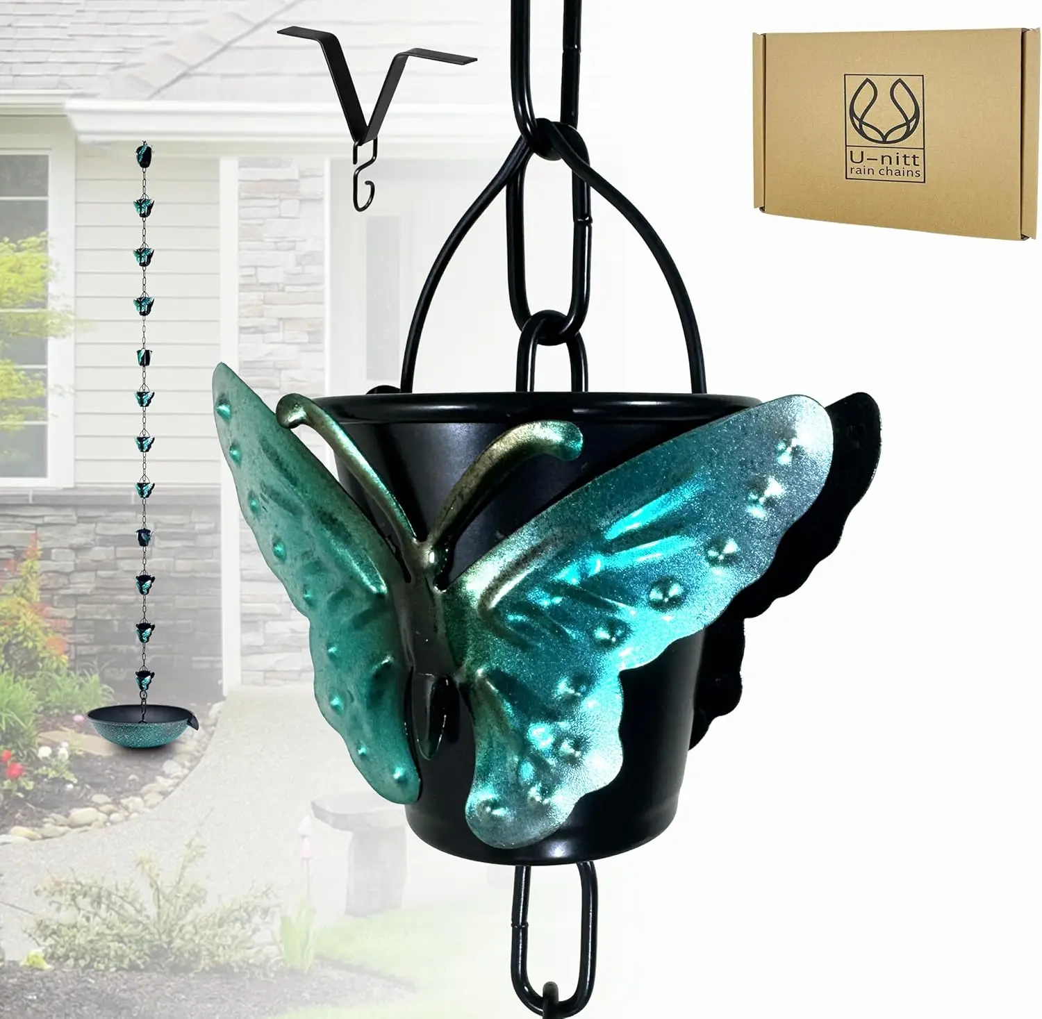 

Дождевая цепь для сбора воды с водостоков, 8,5-футовые цепи с чашками-бабочками, эффективны при сильном дожде, с креплением на водосток.