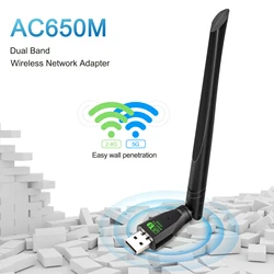 USB WiFi Adapter，AC650Mbps Dual Band Wireless Network Adapter for PC，Supports Windows XP/7/8/10/11/Linux/Mac os 10.9-10.15