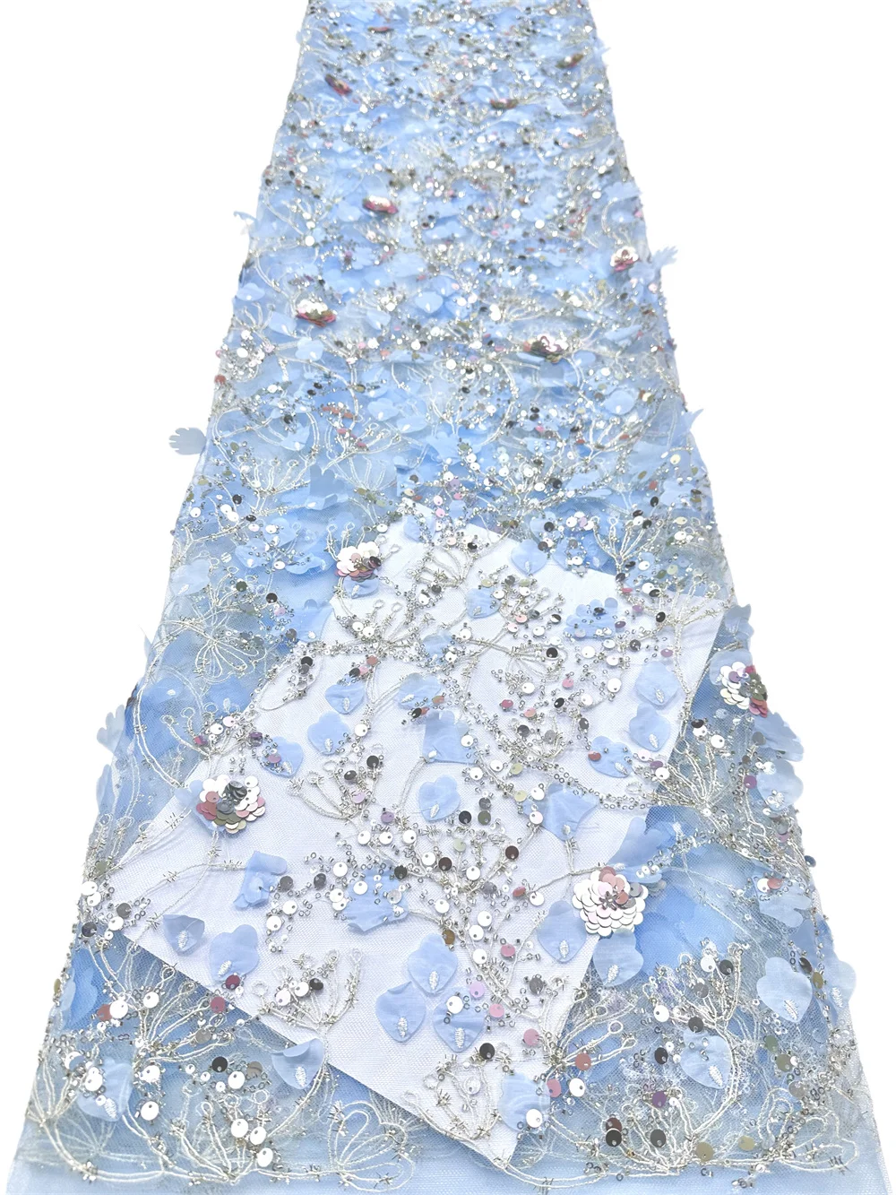 2026 Luxuriöser Himmelblauer Französischer Mesh-Stickerei 3D-Spitzenstoff Afrikanischer Nigerianischer Pailletten-Spitzenstoff für Hochzeitskleider Nähmaterial