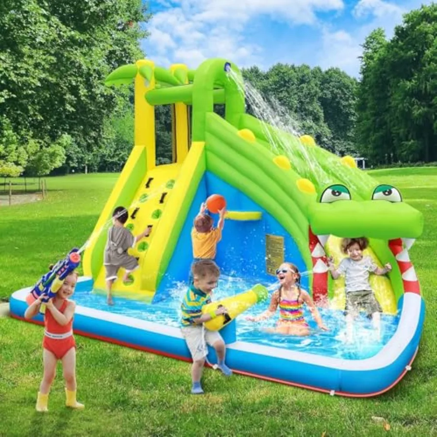 Inflatable Water Slide: 5-in-1 Crocodile Bounce House Water Park for Climbing Wall Splash Pool Water Cannon Basketball Rim PVC view 5