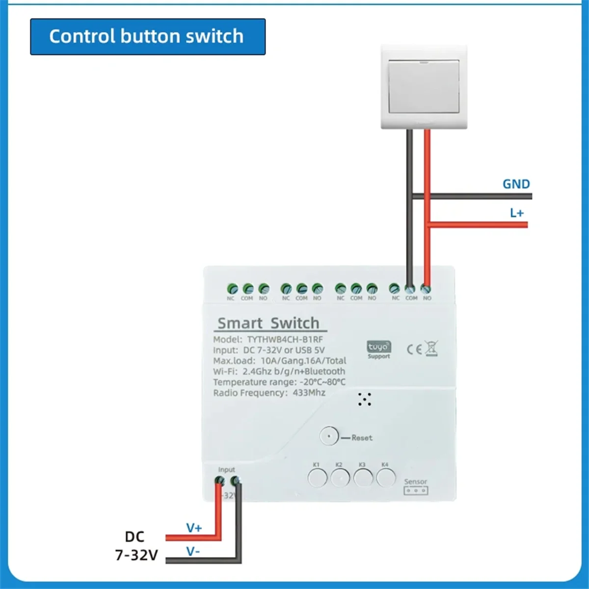 Tuya Smart WiFi 4 Channel Relay with Temperature Humidity Sensor Passive Dry Contact Switch RF433 for Alexa (B)