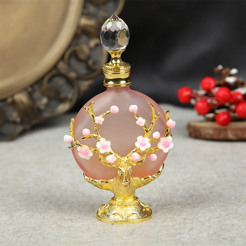 10pcs 30ML Vintage Empty Perfume Glass Bottles Metal Pink Plum Blossom  Decorate Enamel Handicraft Home Decor Girl Gift