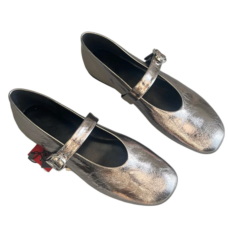 

Withered Top Quality Shoes Women French Vintage Grandmother Flat Shoes Silver Metallic Elegant Mary Jane Shoes Women