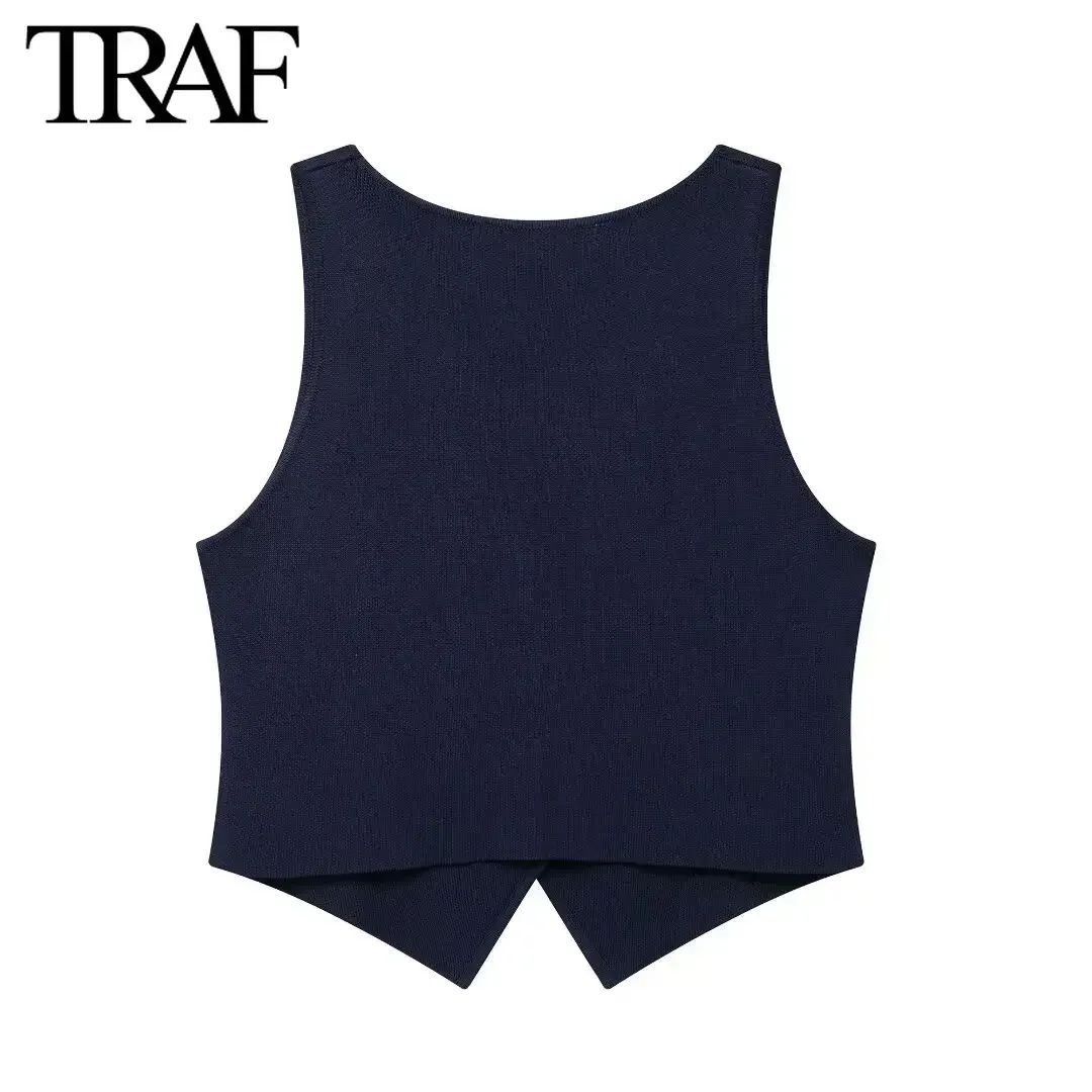 TRAF Women Fashion Spring New Sleeveless V-neck Single Breasted Cardigan Knitted Sweater Short Vest Sweet Chic Ladies Tops