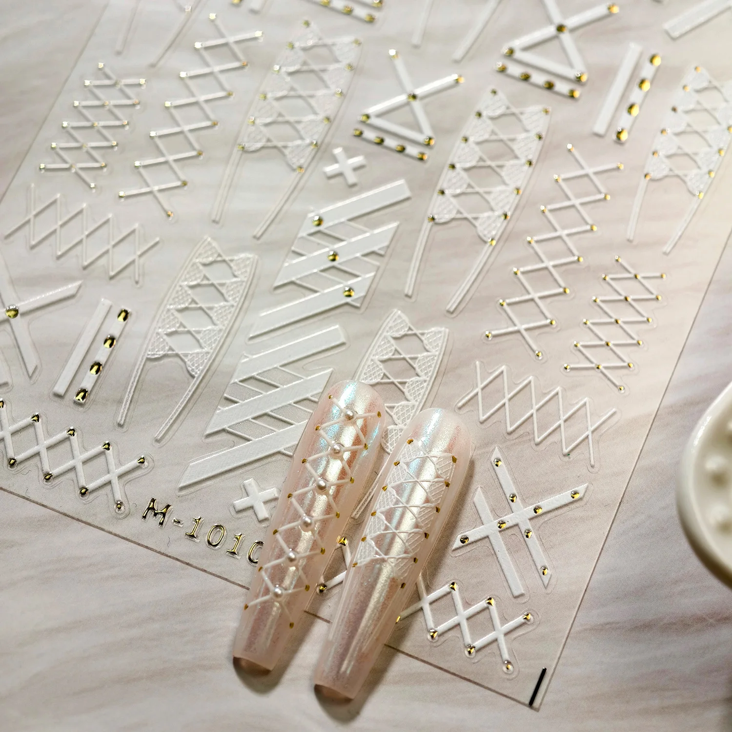

Gold Rivet Design White Lace Cross Straps Corset 3D Self Adhesive Nail Art Stickers Ribbon Bowknot Manicure Decals Wholesale