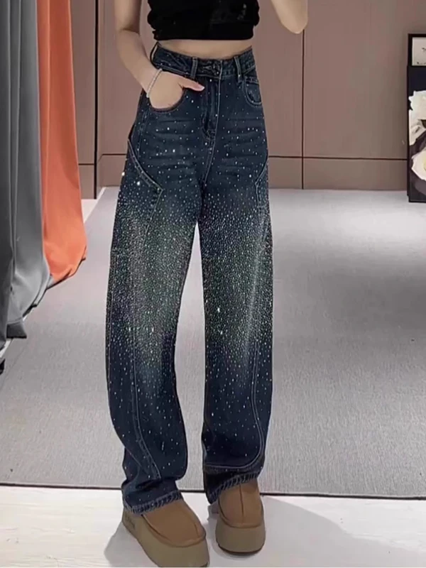 

European Style Heavy Duty Rhinestone Straight Leg Jeans Spring New Loose Splicing Slimming Wide Leg Floor-Length Pants
