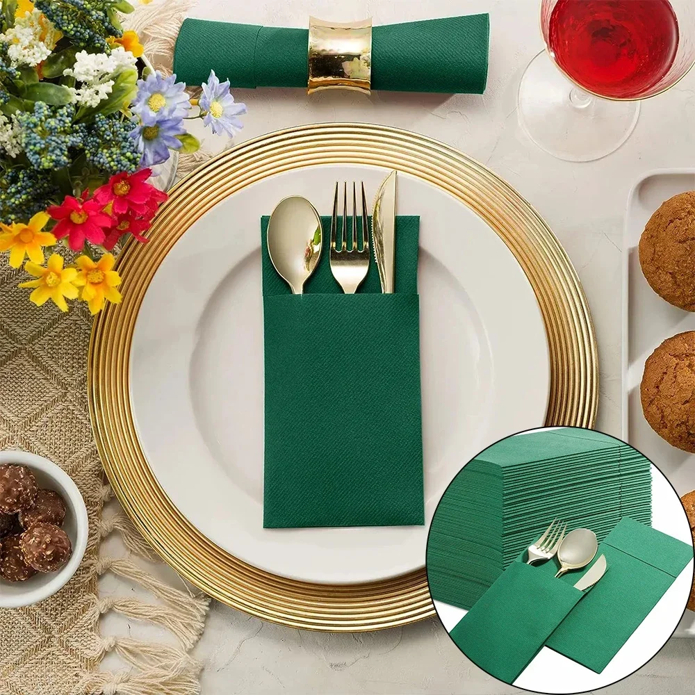 

Solid Color 50Pcs Table Dinner Napkins White Dinner Napkins with Built-in Flatware Pocket Prefolded Cloth Like Hand Towels